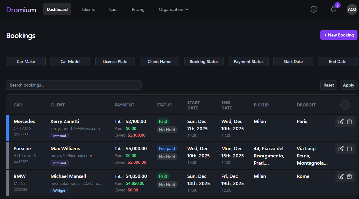 Dromium bookings dashboard